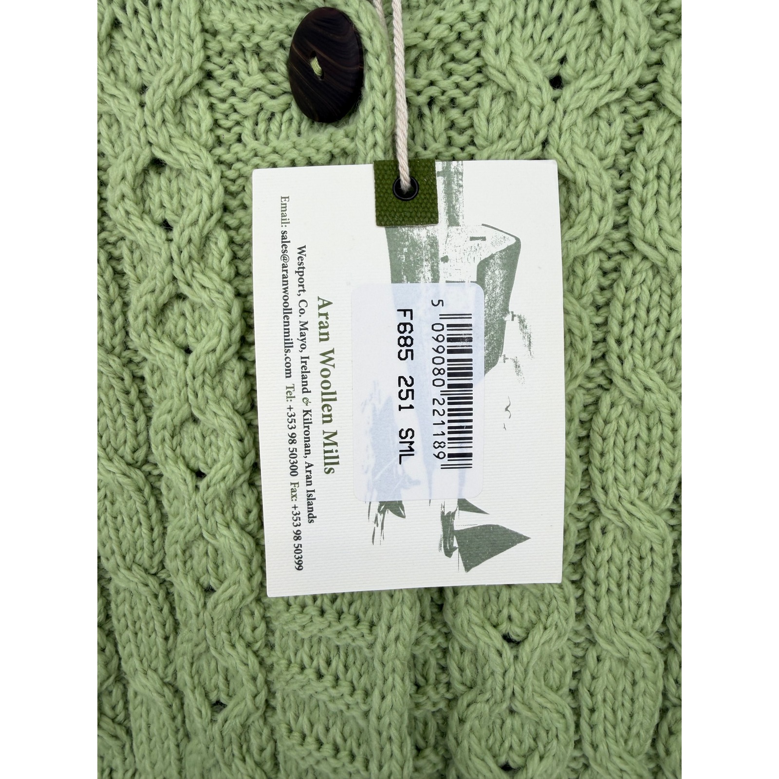 New Aran Woollen Mills Sage Green 100% Merino Wool Cable Knit Cardigan Irish S — image 5 of 8